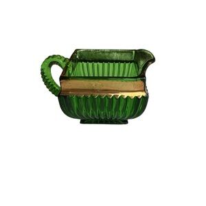 VINTAGE Emerald GREEN PRESSED GLASS CREAMER EAPG Glassport Gold Trim #1506